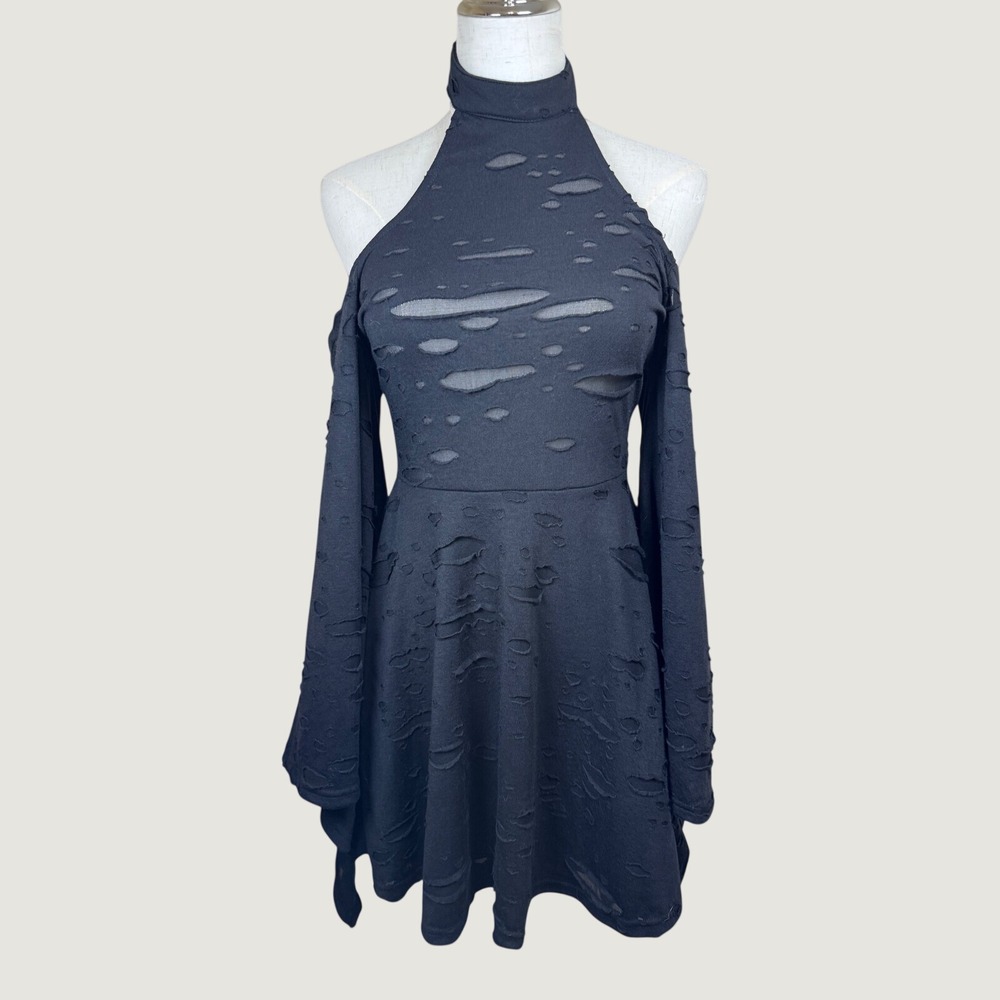 Killstar Dark Aura Dress Black Distressed Cold Shoulder Bell Sleeve XS Witchy